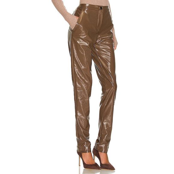 ALIX NYC NWT Loring Pants Faux Patent Leather Size 6 Mid Rise Acorn Brown - Picture 1 of 12